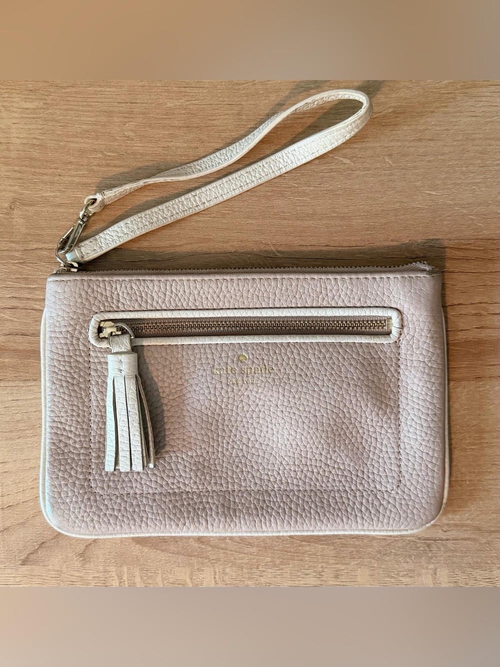 kate spade Pebbled Blush/Beige Leather Wristlet with Tassel
